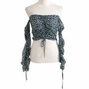 THE EAST ORDER FLORAL CINCHED LACE UP OFF THE SHOULDER SHEER CROPPED TOP